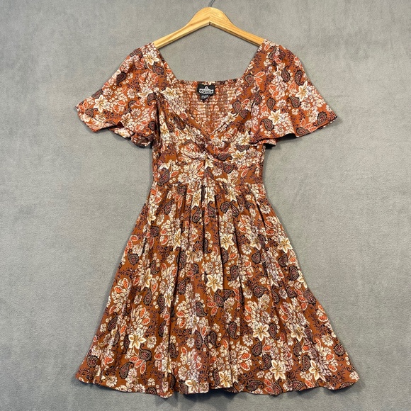ANGIE Women’s Size Small Brown Floral V-neck Flutter Sleeve Smocked Back Dress - Picture 1 of 6